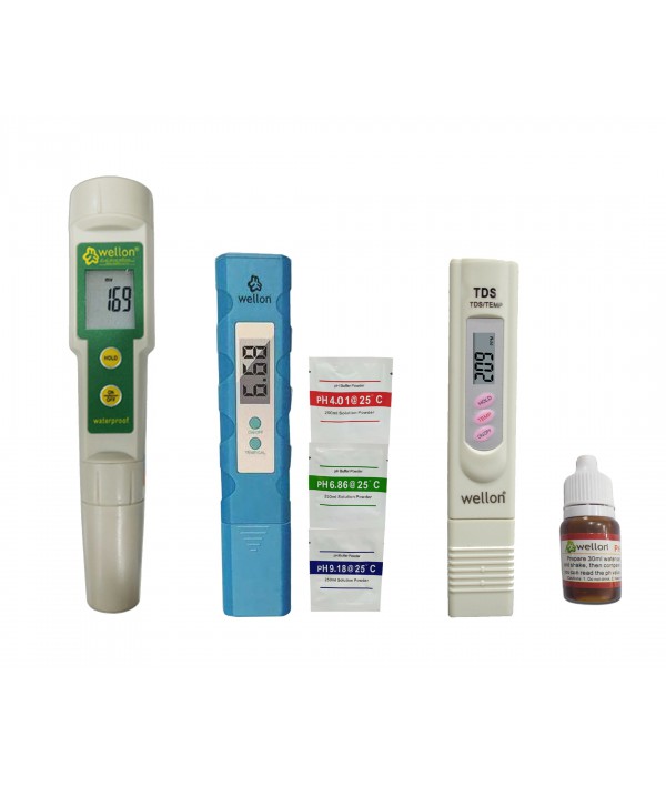 Wellon ORP Meter, TDS Meter, pH Meter and pH Liquid Drop for Water Testing - Combo Pack of 4